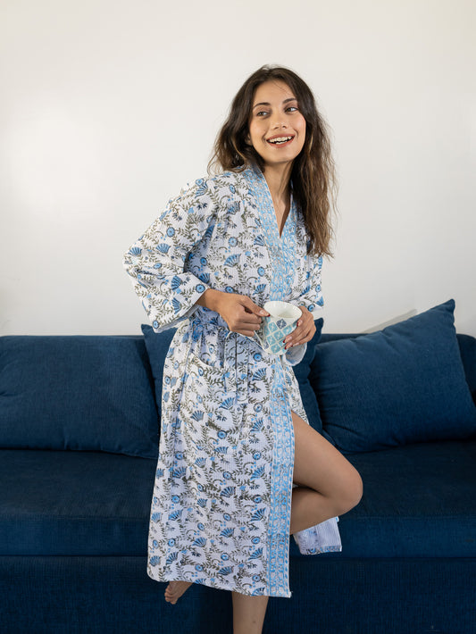 Ocean Blue Luxury Block Printed Cotton Bath Robe