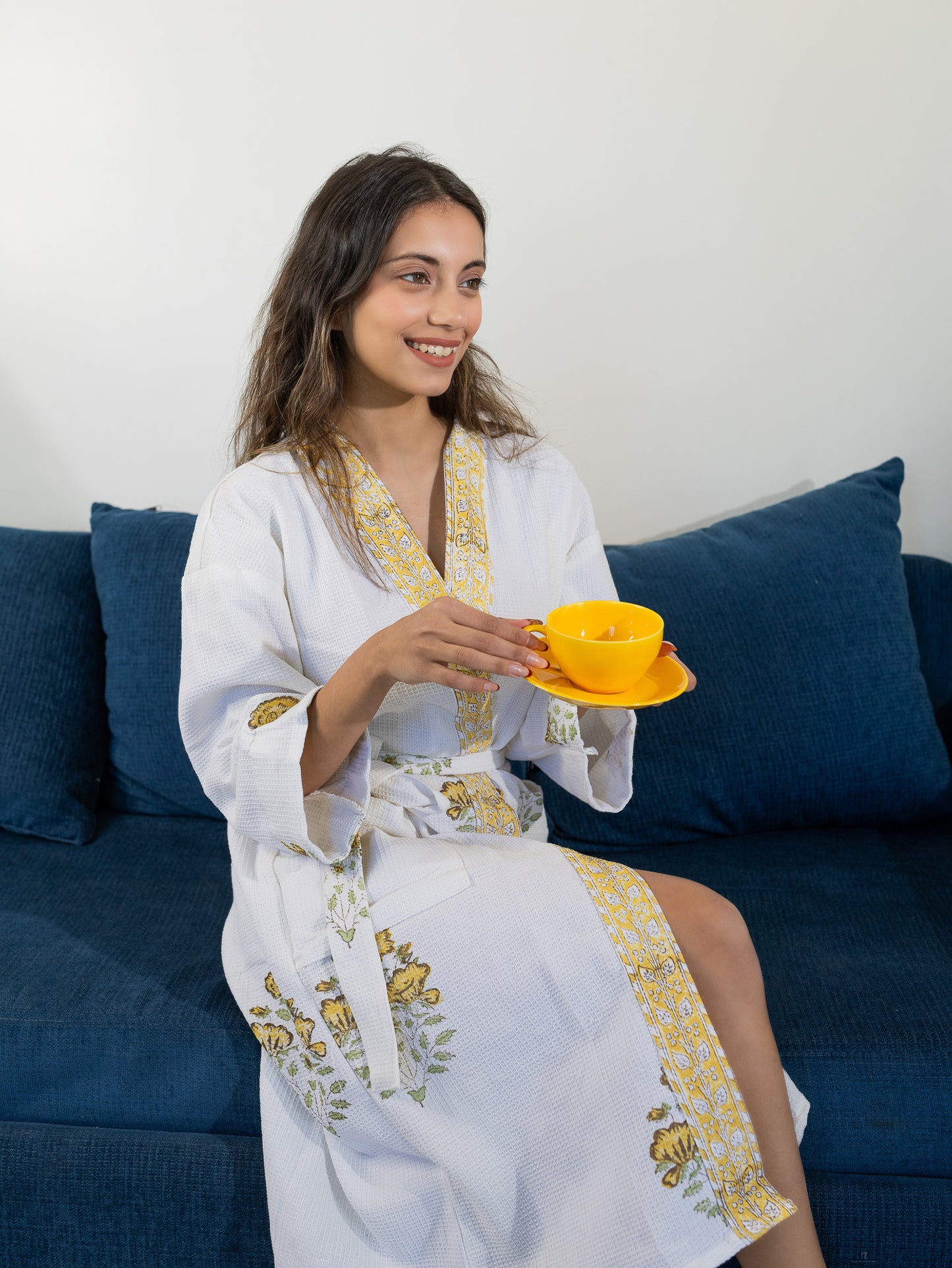 Yellow Lilies Luxury Block Printed Cotton Bath Robe