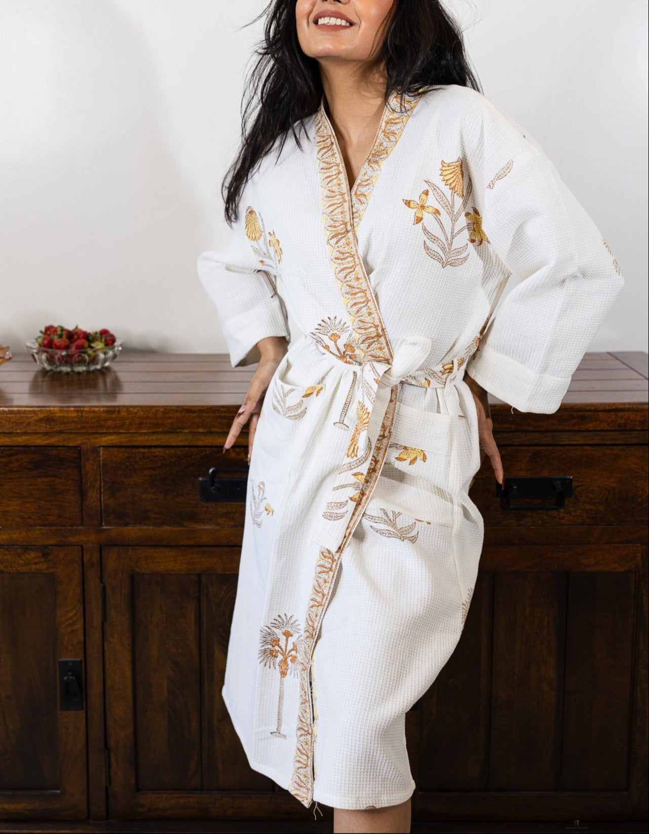 Mogra Garden Luxury Block Printed Cotton Bath Robe