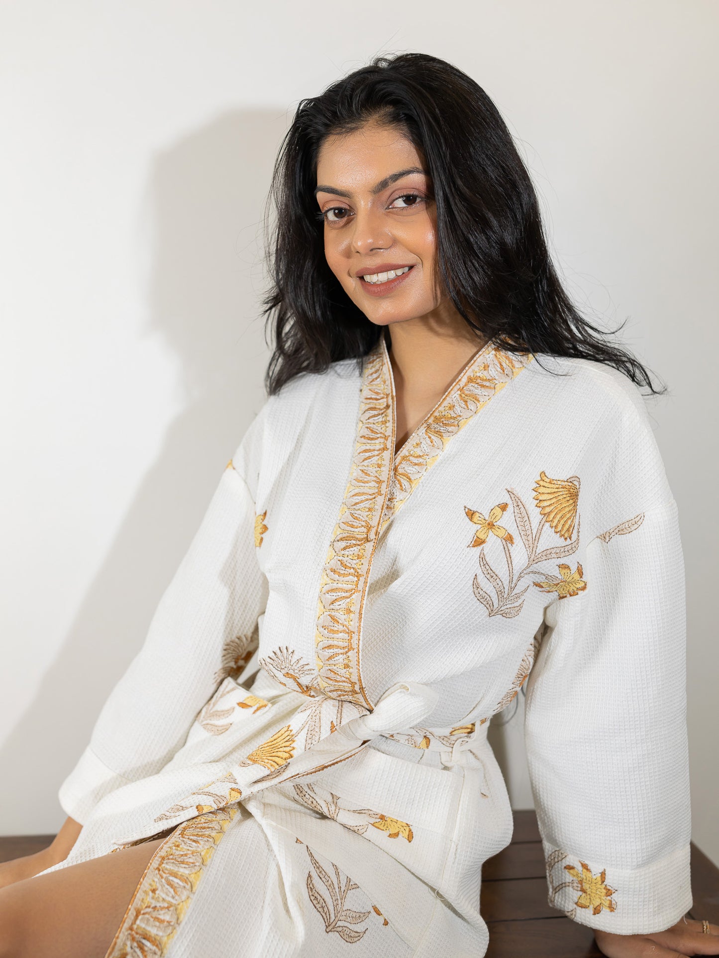 Mogra Garden Luxury Block Printed Cotton Bath Robe