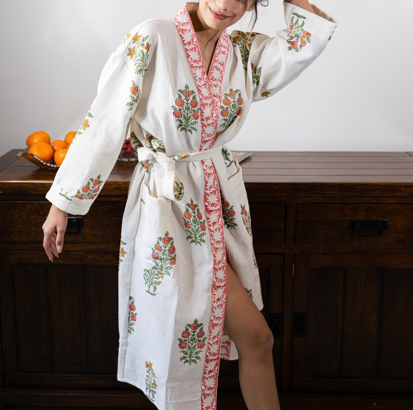 Orange Garden Luxury Block Printed Cotton Bath Robe