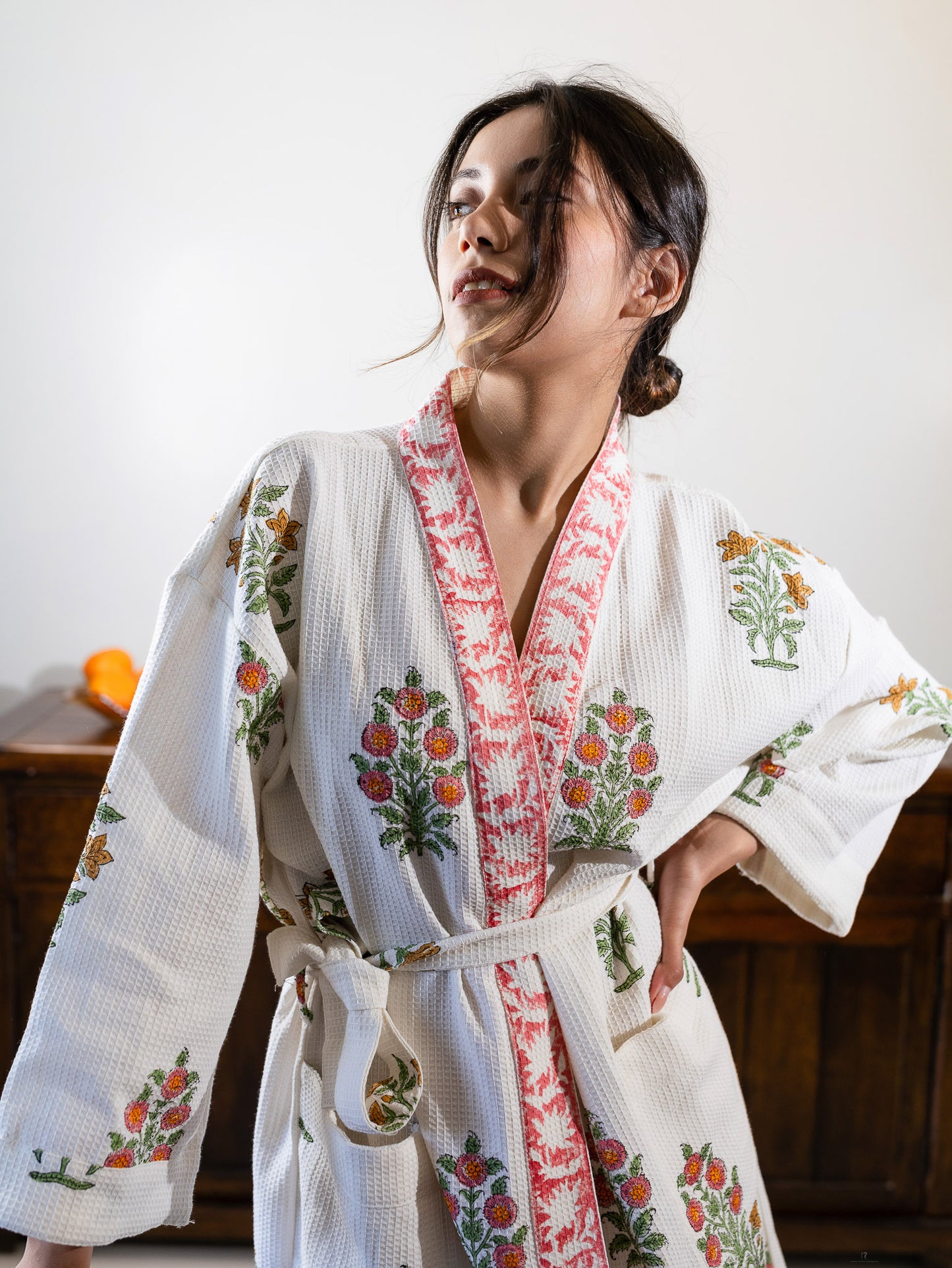 Orange Garden Luxury Block Printed Cotton Bath Robe