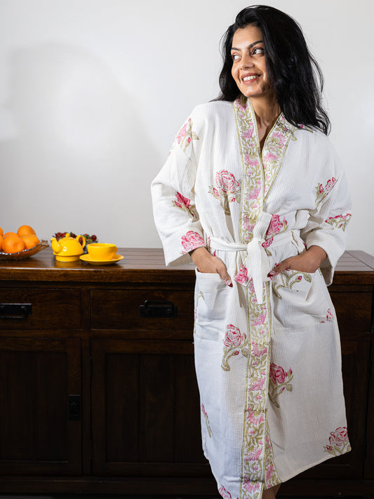 Rose Garden Luxury Block Printed Cotton Bath Robe