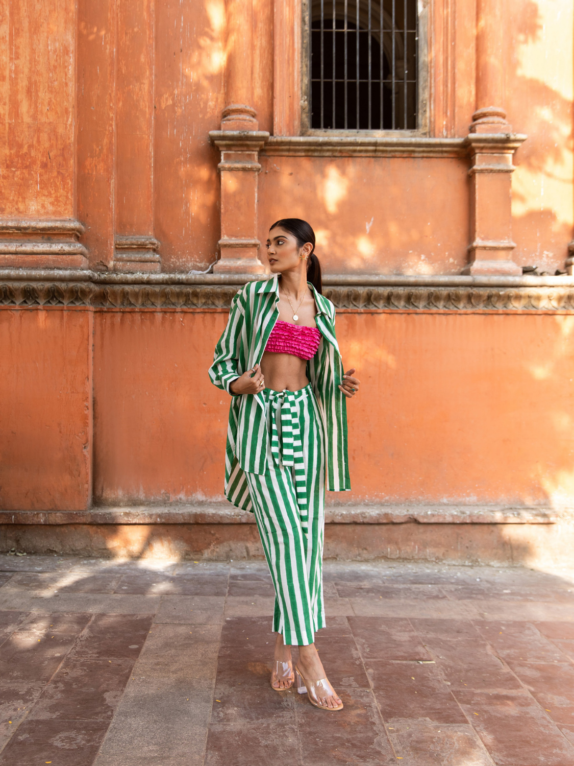 Jade Green Stripe Print Palazzo Trousers  Quiz Clothing