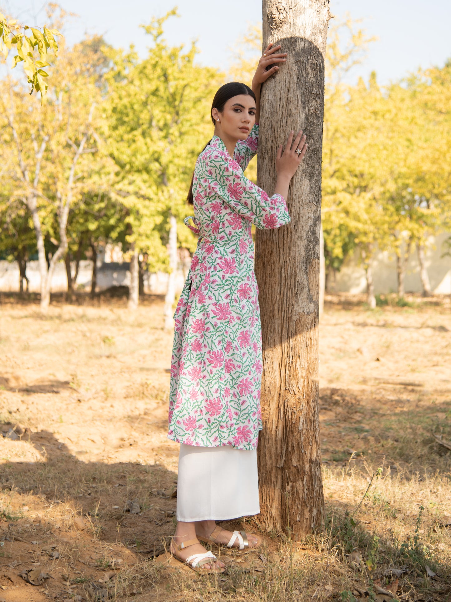 White Gardenia Wrap Set- White Pink Hand Block Printed Cotton Wrap Kurta with Pants