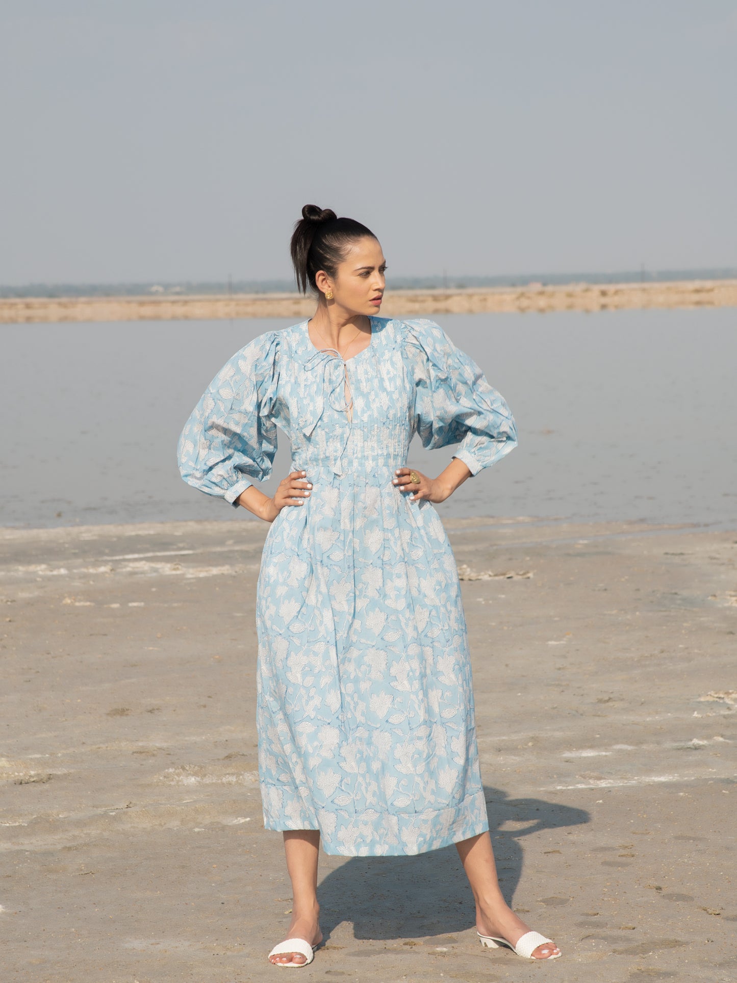 Blue Lilies Gather Dress  - Light Blue Hand Block Printed Cotton Dress