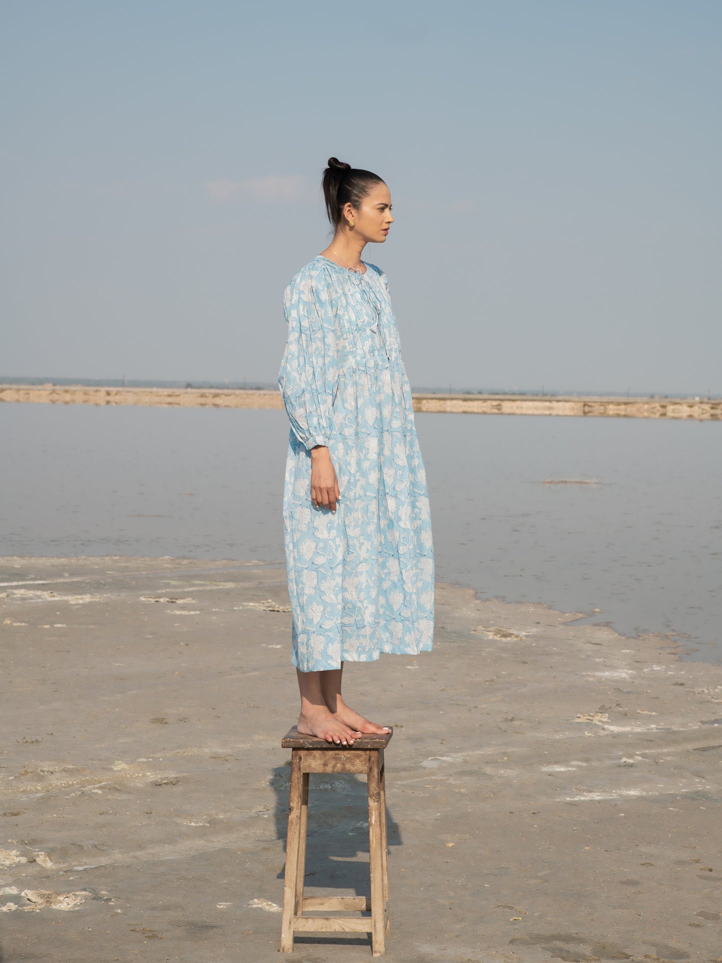 Blue Lilies Gather Dress  - Light Blue Hand Block Printed Cotton Dress